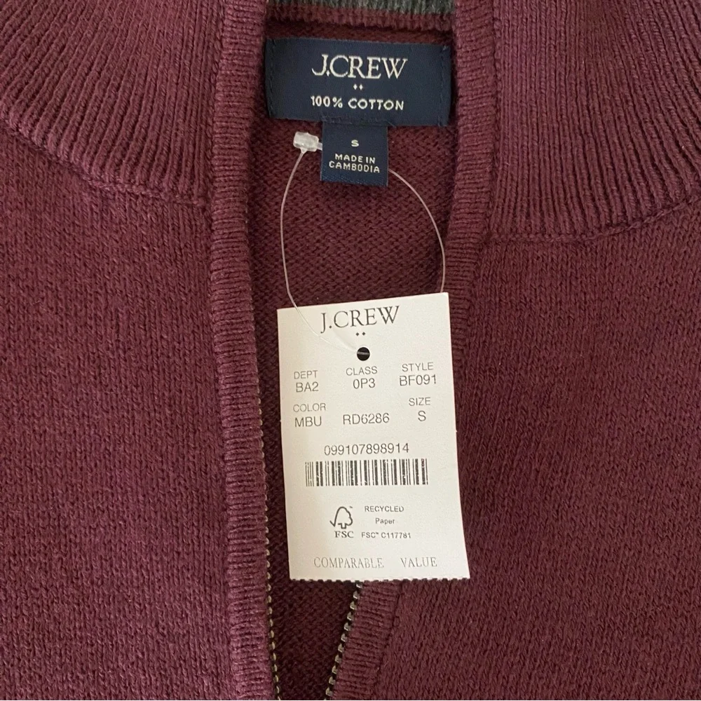NWT J.Crew Factory Men's Cotton Quarter-zip Sweater Burgundy Size S